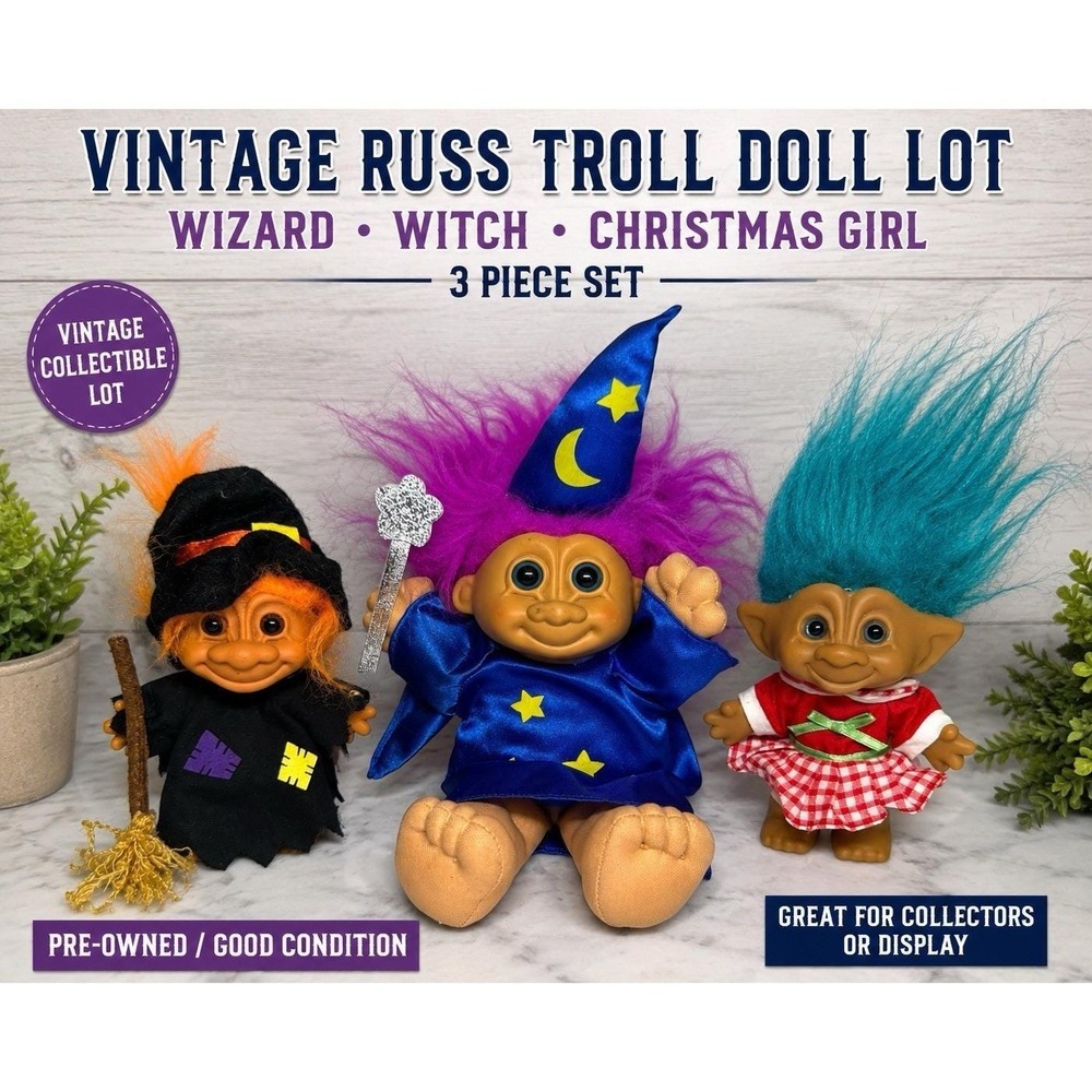 Russ Troll Doll Lot 3 Vintage Wizard Witch Christmas Girl Blue Hair Trolls